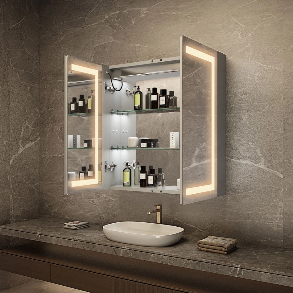 Double Door Rectangle LED Bathroom Mirror Cabinet Touch Mirror Sensor