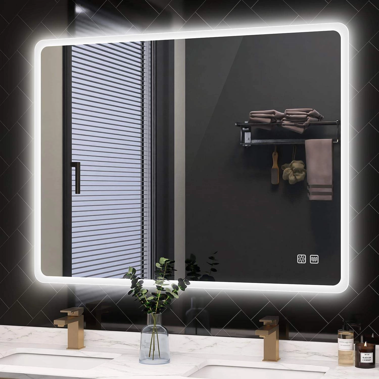 Wall Mounted Anti Fog Temperature Dimmable Brightness Waterproof Touch Screen Tempered Glass LED Bathroom IP44 Mirror