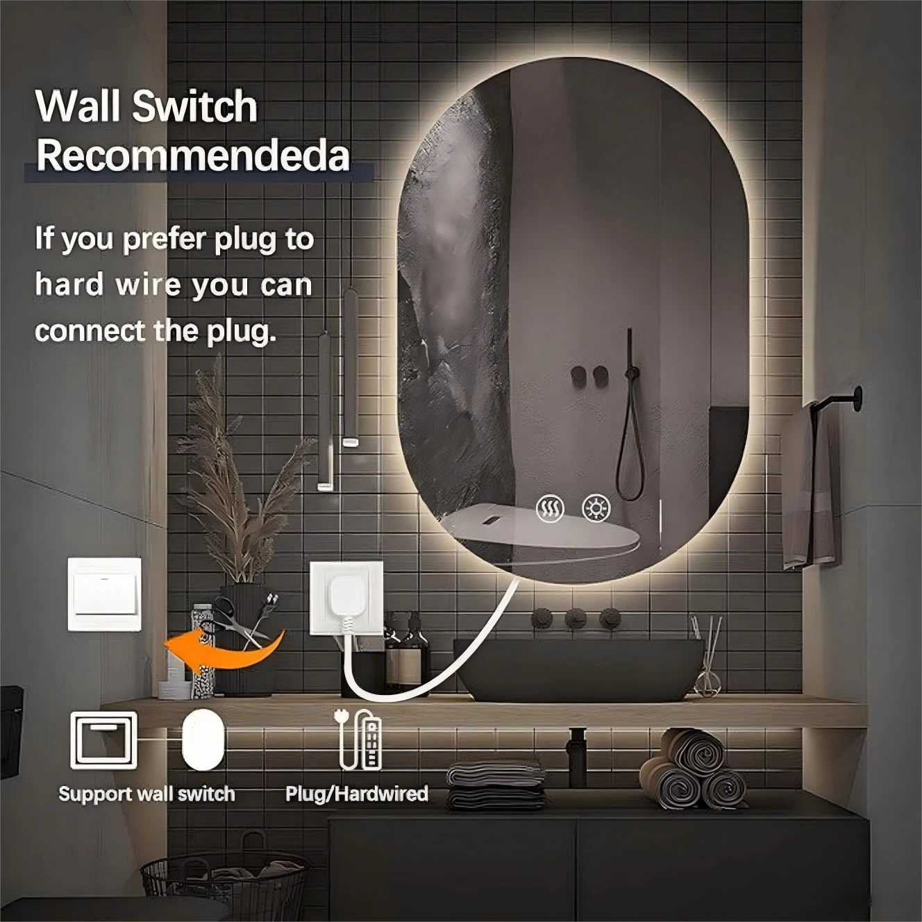 Wholesale Factory Large Manufacturer Modern Design Smart Led Mirror Oval Shaped Frameless Bathroom Bath Led Light Ip44 Rating