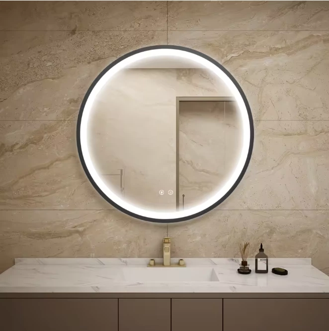 Framed Round LED Light Bathroom Vanity Mirror in Brushed Gold