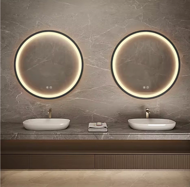 Framed Round LED Light Bathroom Vanity Mirror in Brushed Gold